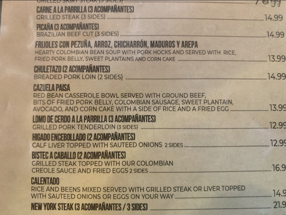 Menu El Rinconcito Colombiano 1-3