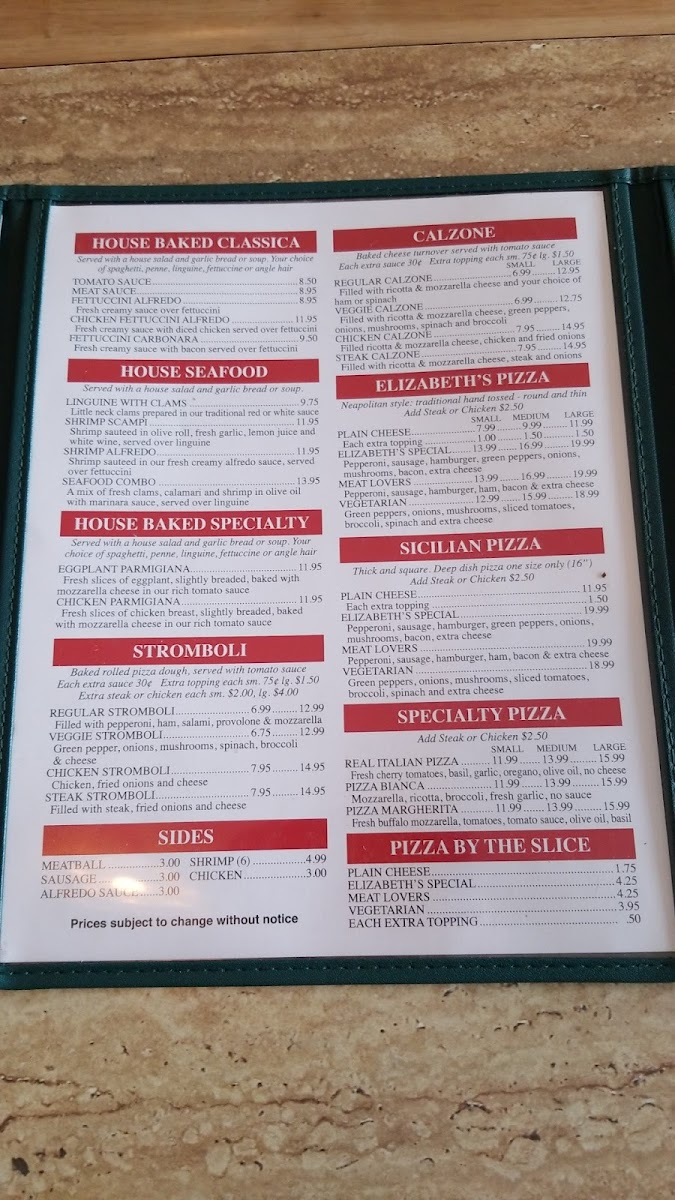 Menu Elizabeth's Italian Restaurant Pizzeria-9