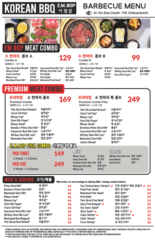 Menu E.m. Bop Korean Bbq | Duluth, Ga-6