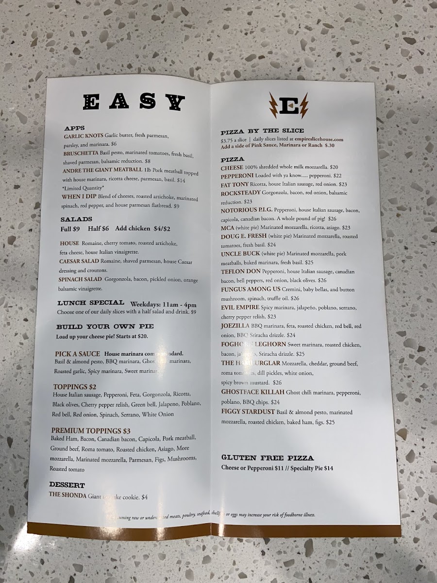 Menu Empire Slice House - Plaza-4