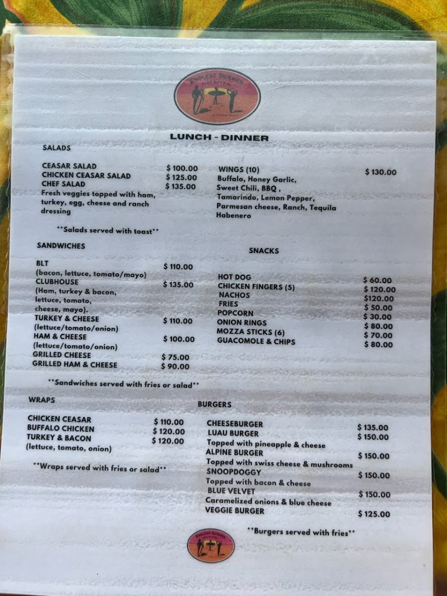 Menu Endless Summer Sports Bar And Grill-1