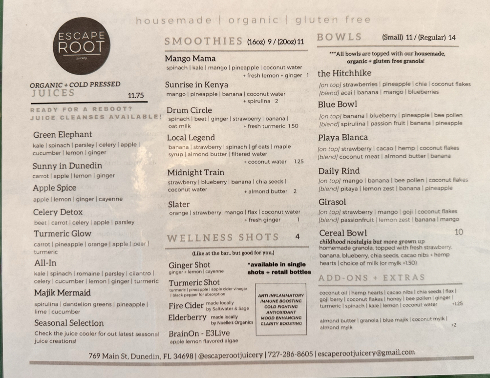 Menu Escape Root Juice + Coffee-1