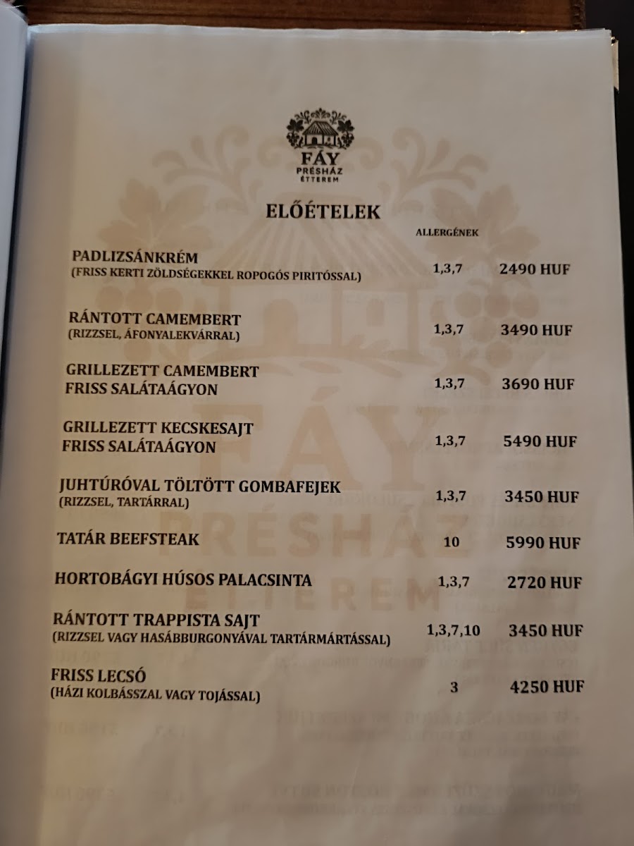 Menu Fáy Présház Étterem-8