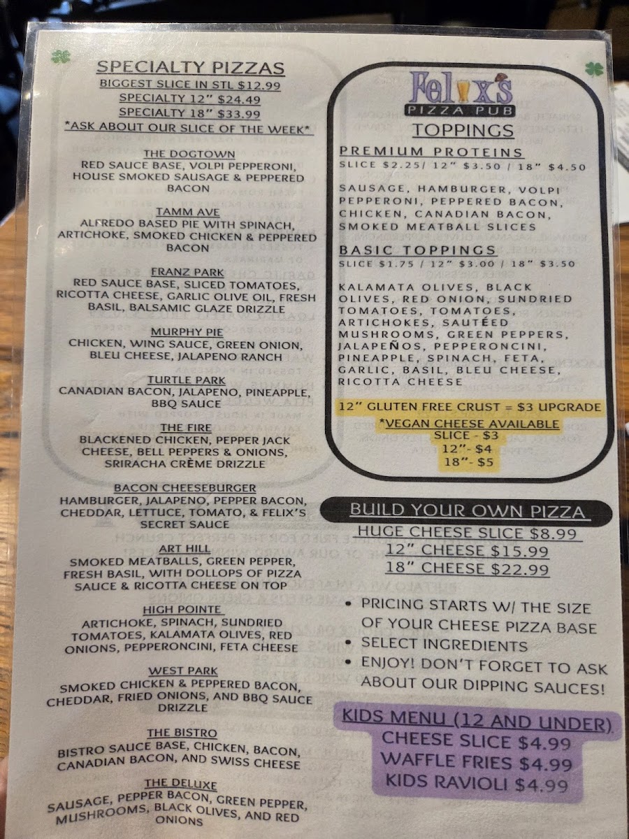 Menu Felix's Pizza Pub-1