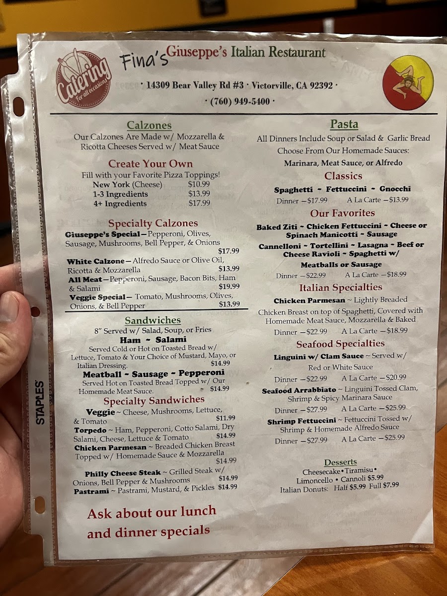 Menu Fina's Giuseppes Italiano Restaurant In Victorville-1