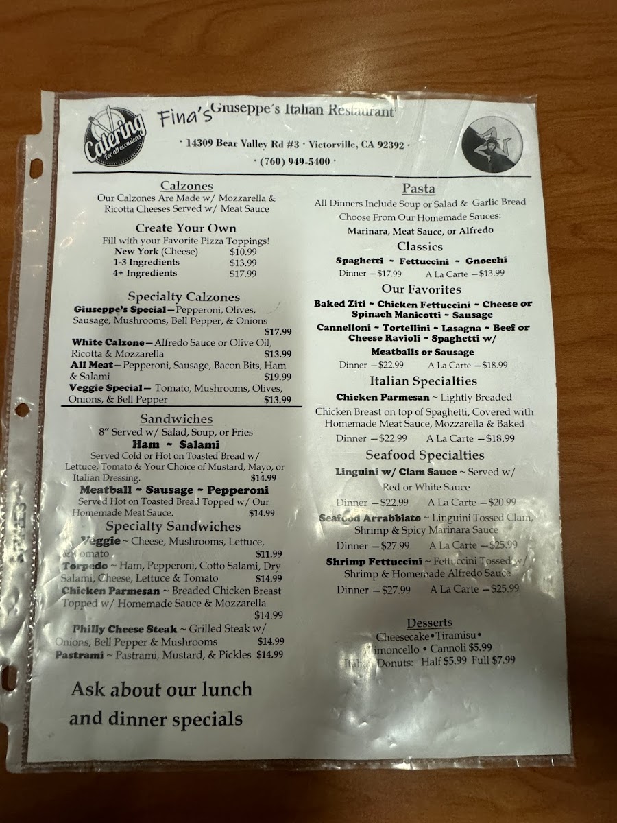 Menu Fina's Giuseppes Italiano Restaurant In Victorville-4