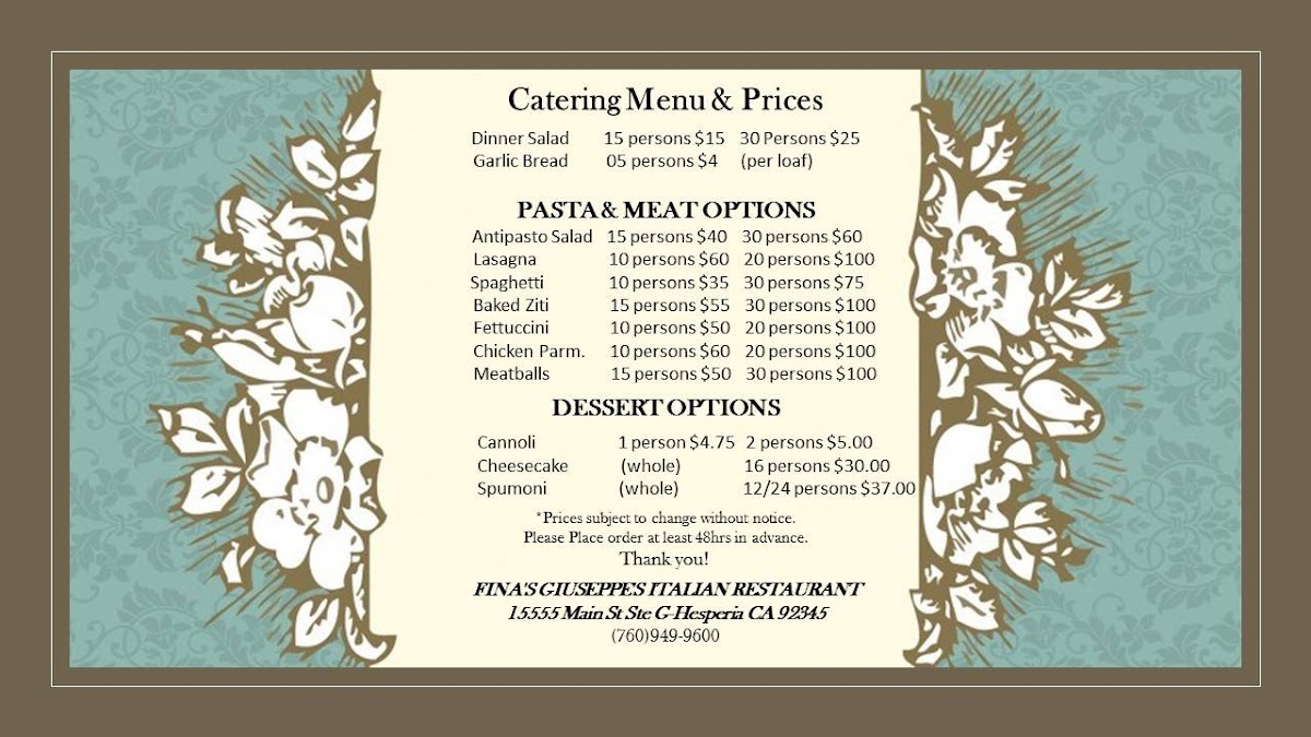 Menu Fina's Giuseppes Italiano Restaurant In Victorville-6