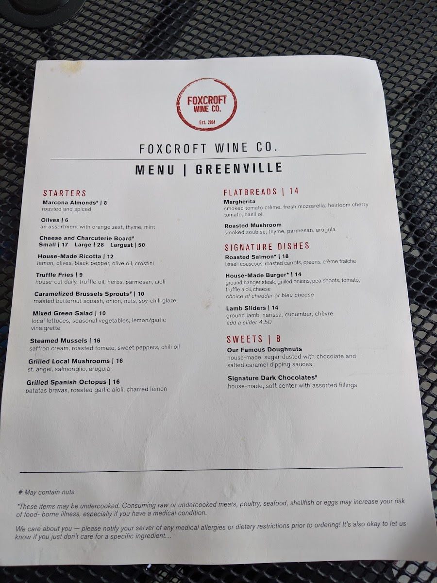 Menu Foxcroft Food & Wine - Greenville-10