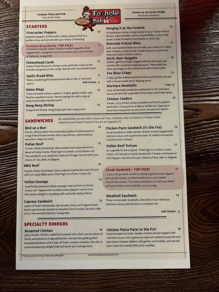 Menu Foxhole Pizza And Pub-8