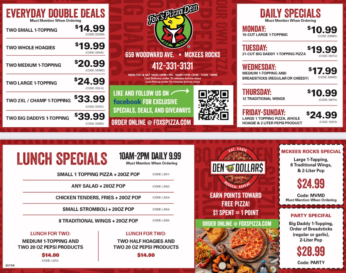 Menu Fox's Pizza Den - Mckees Rocks-2