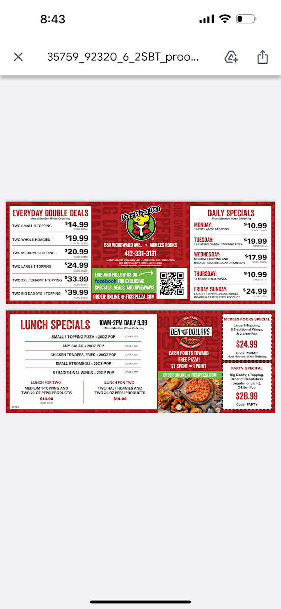 Menu Fox's Pizza Den - Mckees Rocks-5