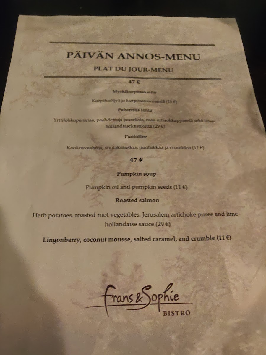 Menu Frans & Sophie, Kuopio-2