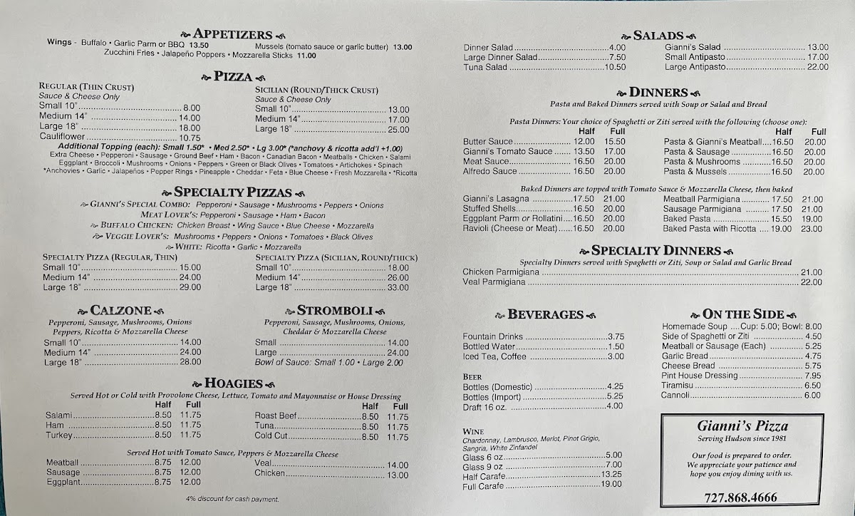 Menu Gianni's Pizza - Hudson, Fl (No Other Locations)-1