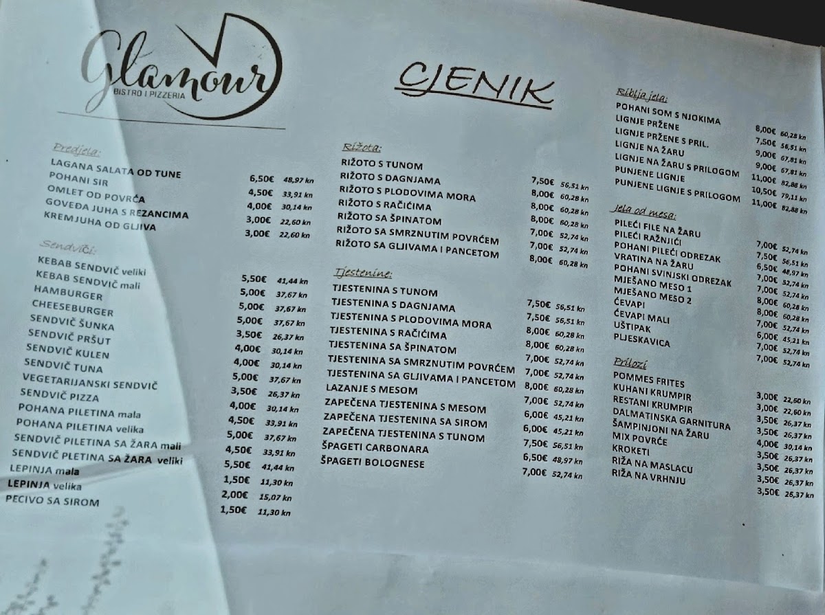 Menu Glamour Bistro And Pizzeria | Bjelovar-1