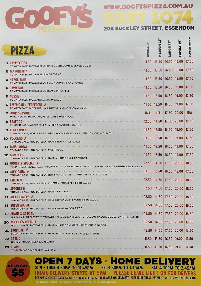 Menu Goofy's Pizza House-1