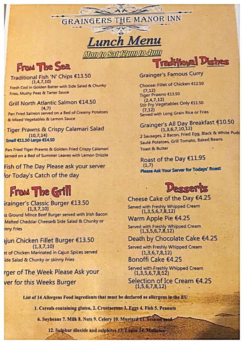 Menu Grainger's The Manor Inn-7