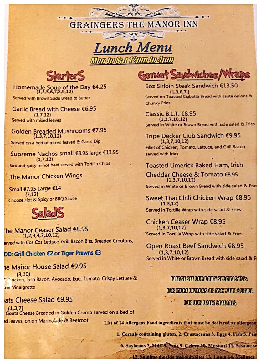 Menu Grainger's The Manor Inn-8
