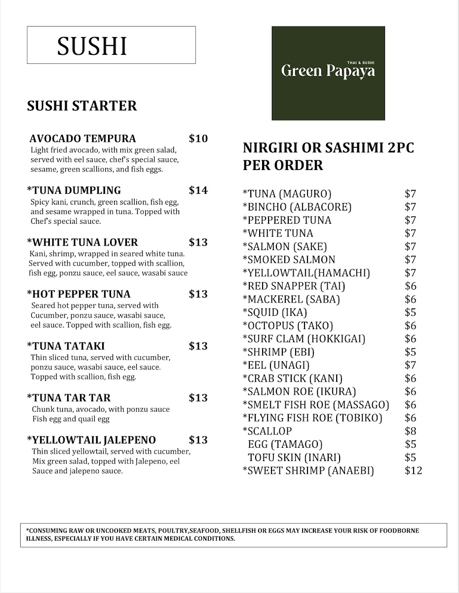Menu Green Papaya Thai & Sushi (210 Location)-1