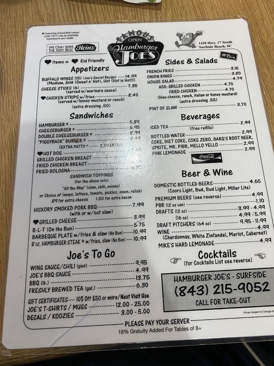 Menu Hamburger Joe's Of Surfside-6