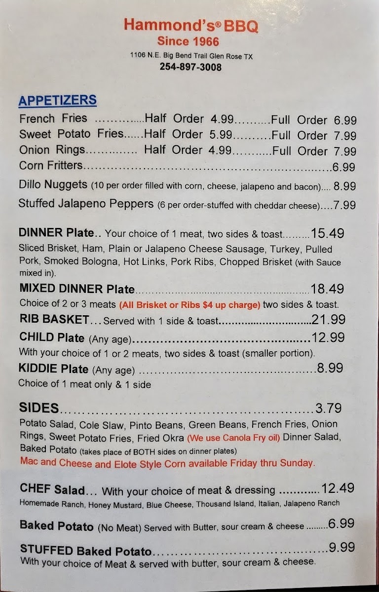 Menu Hammond's Bbq-1