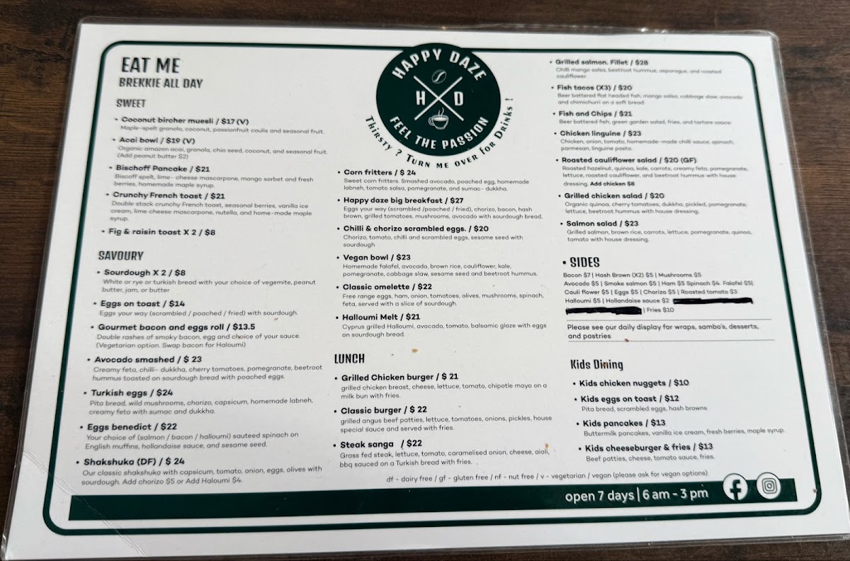 Menu Happy Daze Cafe, Ashfield-2