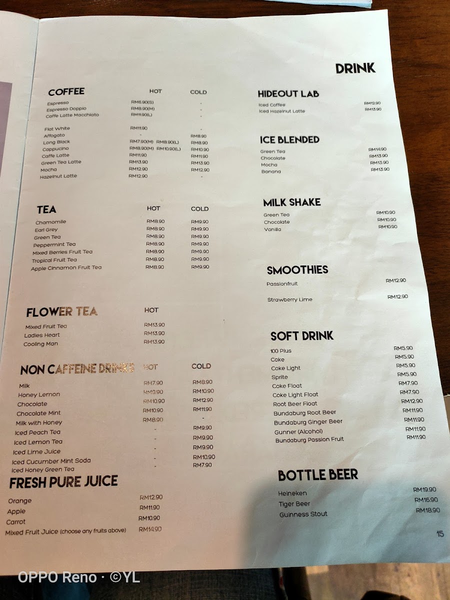 Menu Hideout Cafe 60-10