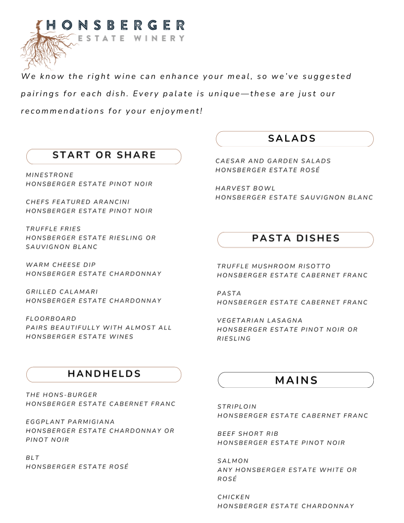 Menu Honsberger Estate Winery, Restaurant And Event Venue-1