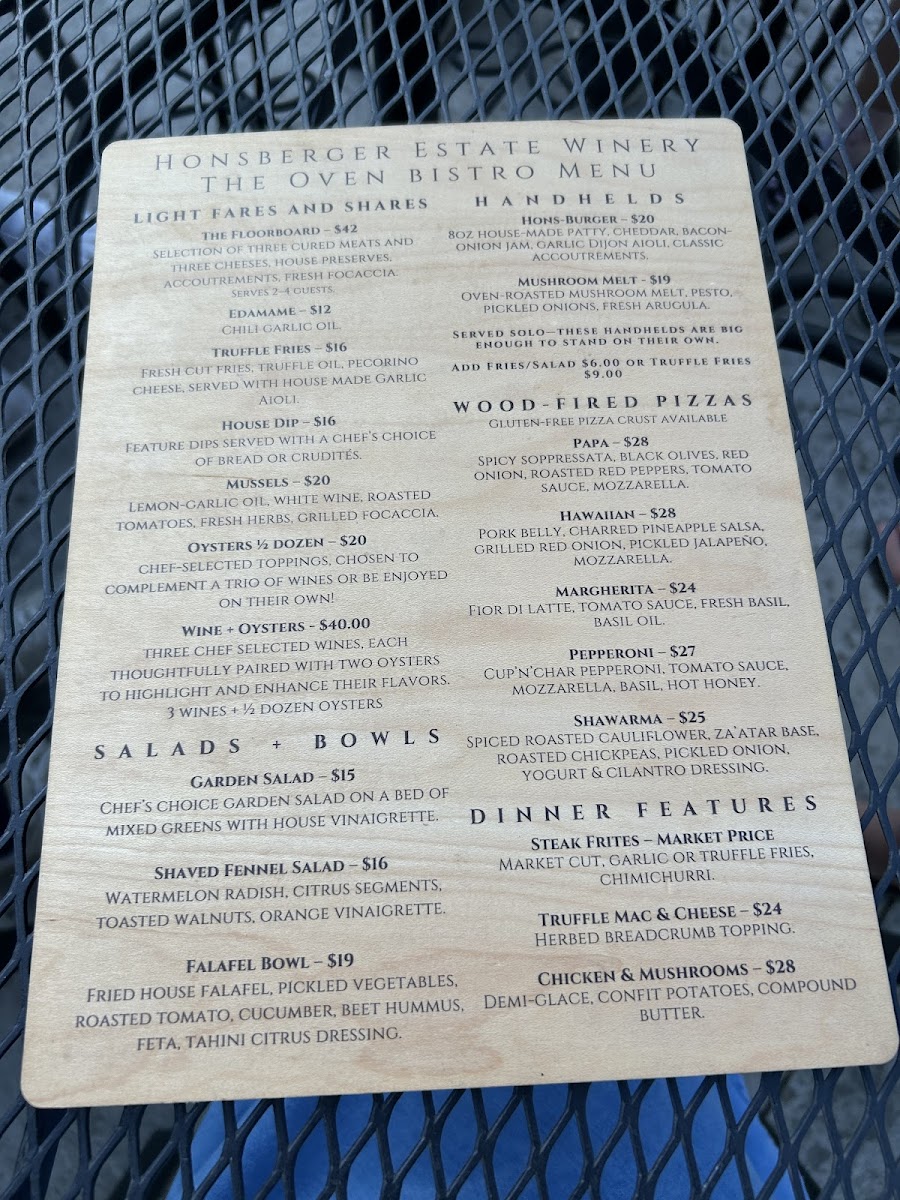 Menu Honsberger Estate Winery, Restaurant And Event Venue-3