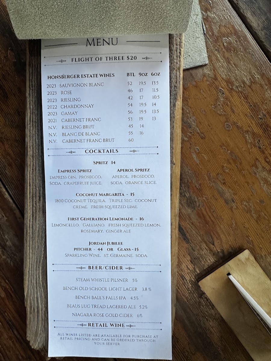Menu Honsberger Estate Winery, Restaurant And Event Venue-4