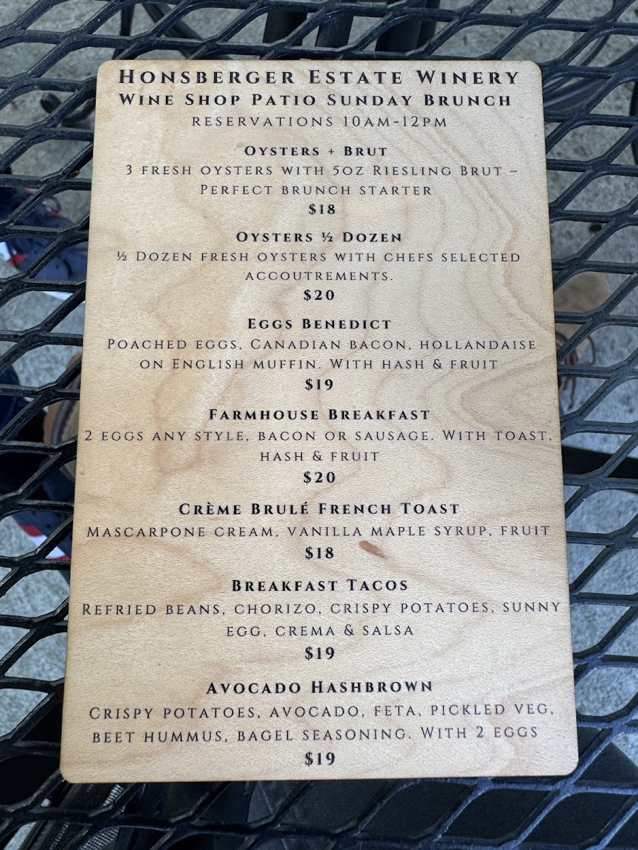 Menu Honsberger Estate Winery, Restaurant And Event Venue-6