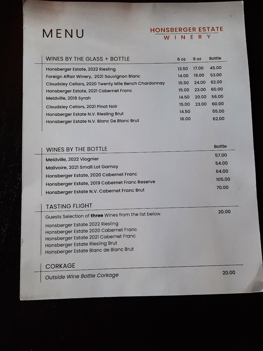 Menu Honsberger Estate Winery, Restaurant And Event Venue-7