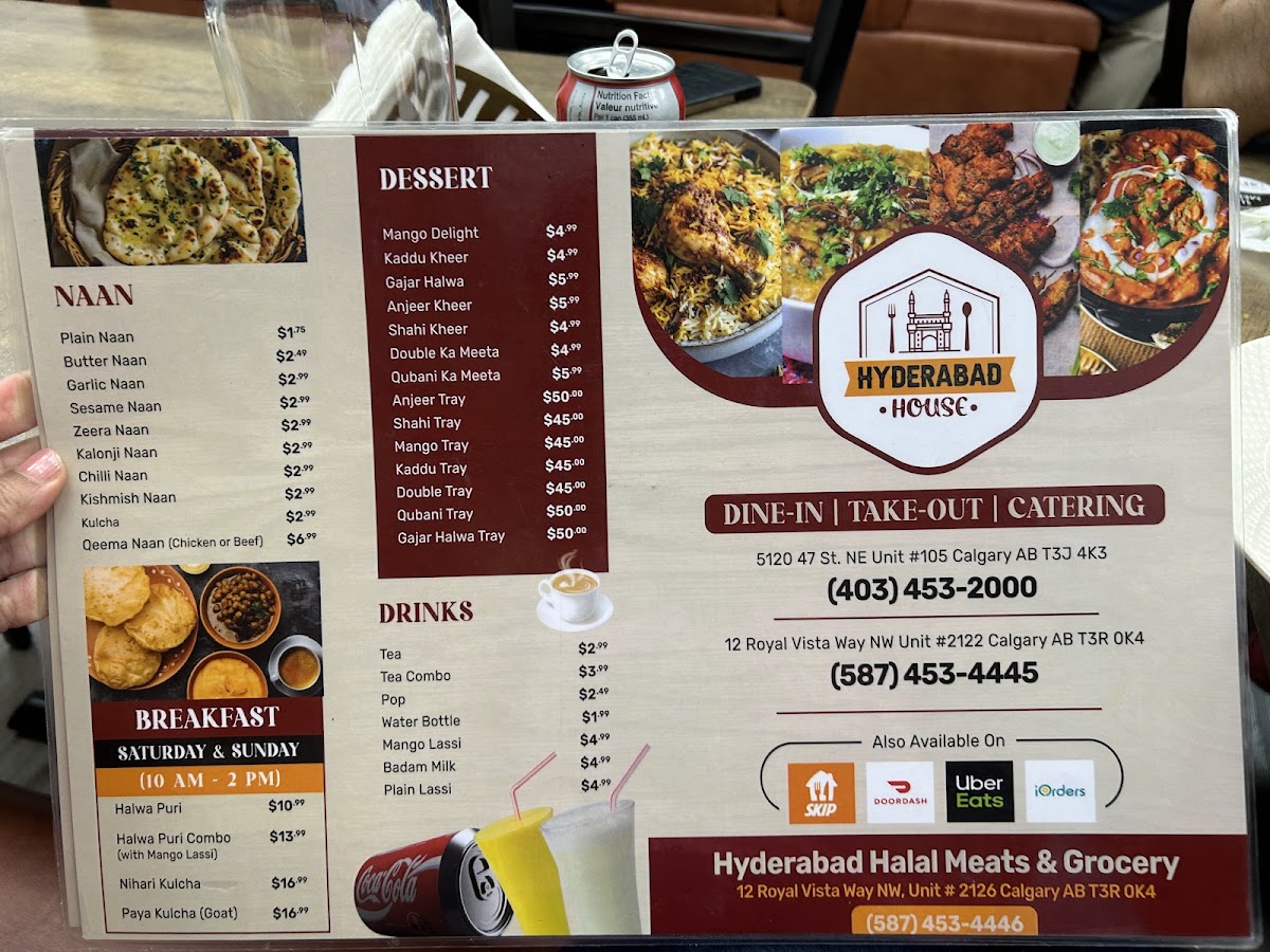 Menu Hyderabad House Calgary Nw-5