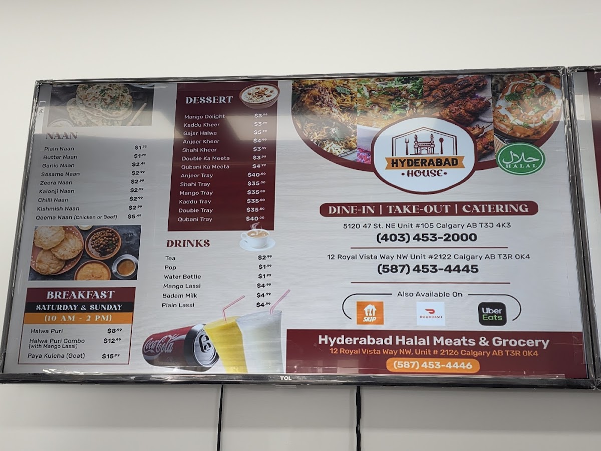 Menu Hyderabad House Calgary Nw-8