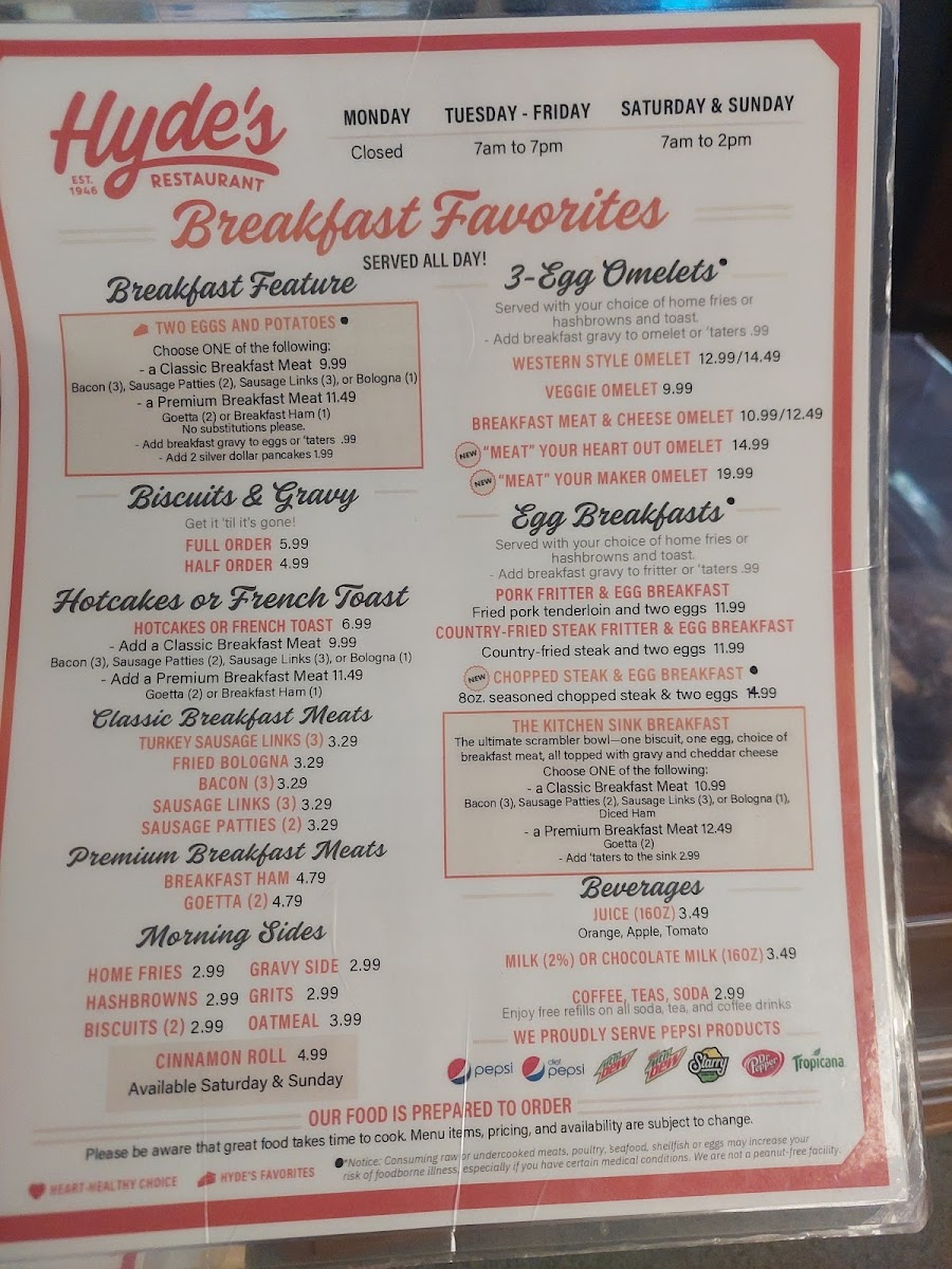 Menu Hyde's Restaurant, Inc.-1