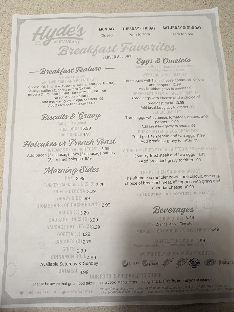 Menu Hyde's Restaurant, Inc.-7