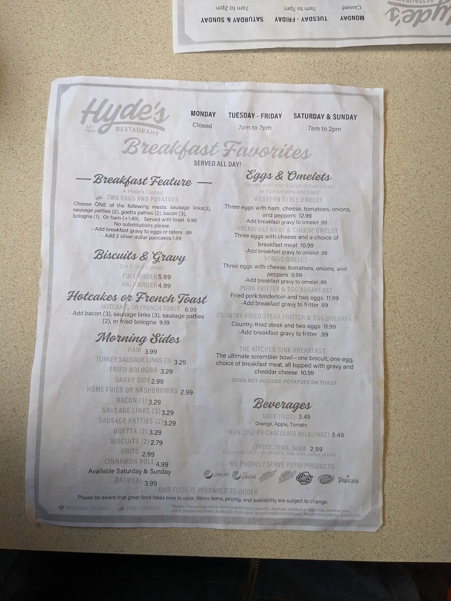 Menu Hyde's Restaurant, Inc.-8