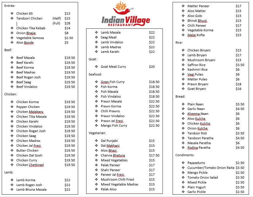 Menu Indian Village Restaurant-1
