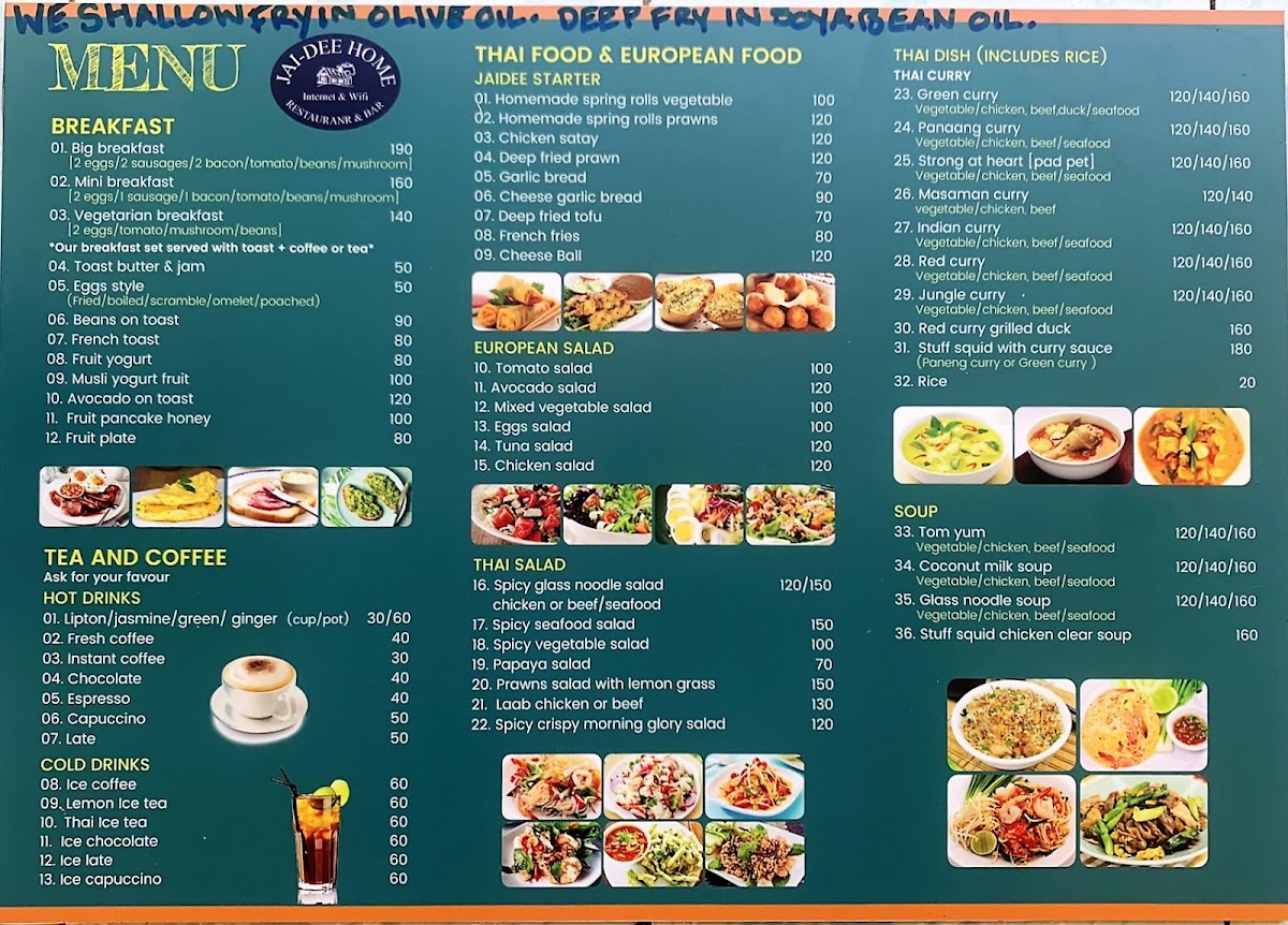 Menu Jai-Dee Home. Restaurant, Bar On The Beach.-8