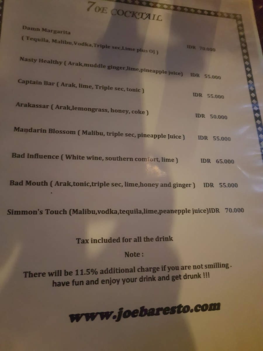 Menu Joe's Bar And Restaurant-1