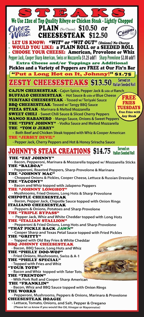 Menu Johnny Longhots Steaks & Pizza - Voorhees, Nj-7