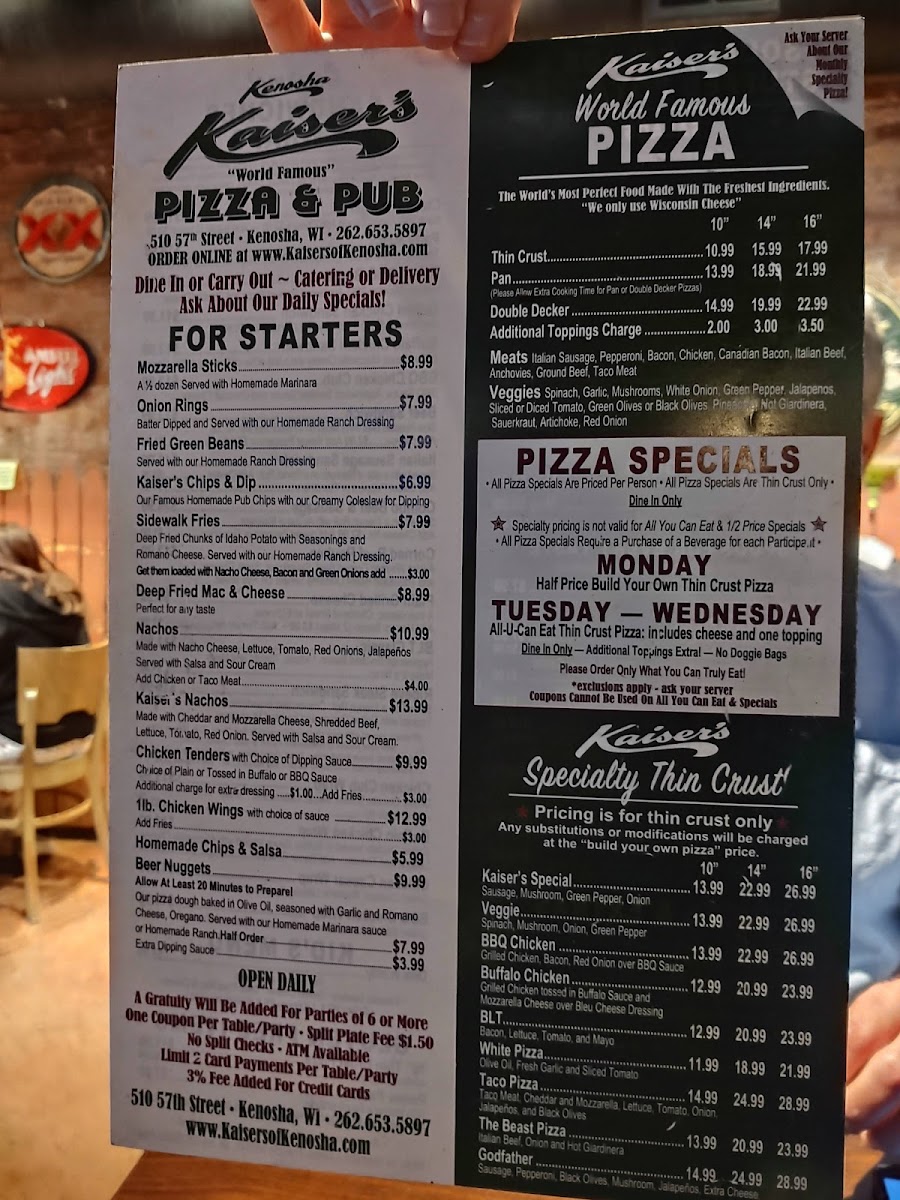 Menu Kaiser's Of Kenosha Pizza Restaurant & Pub-10