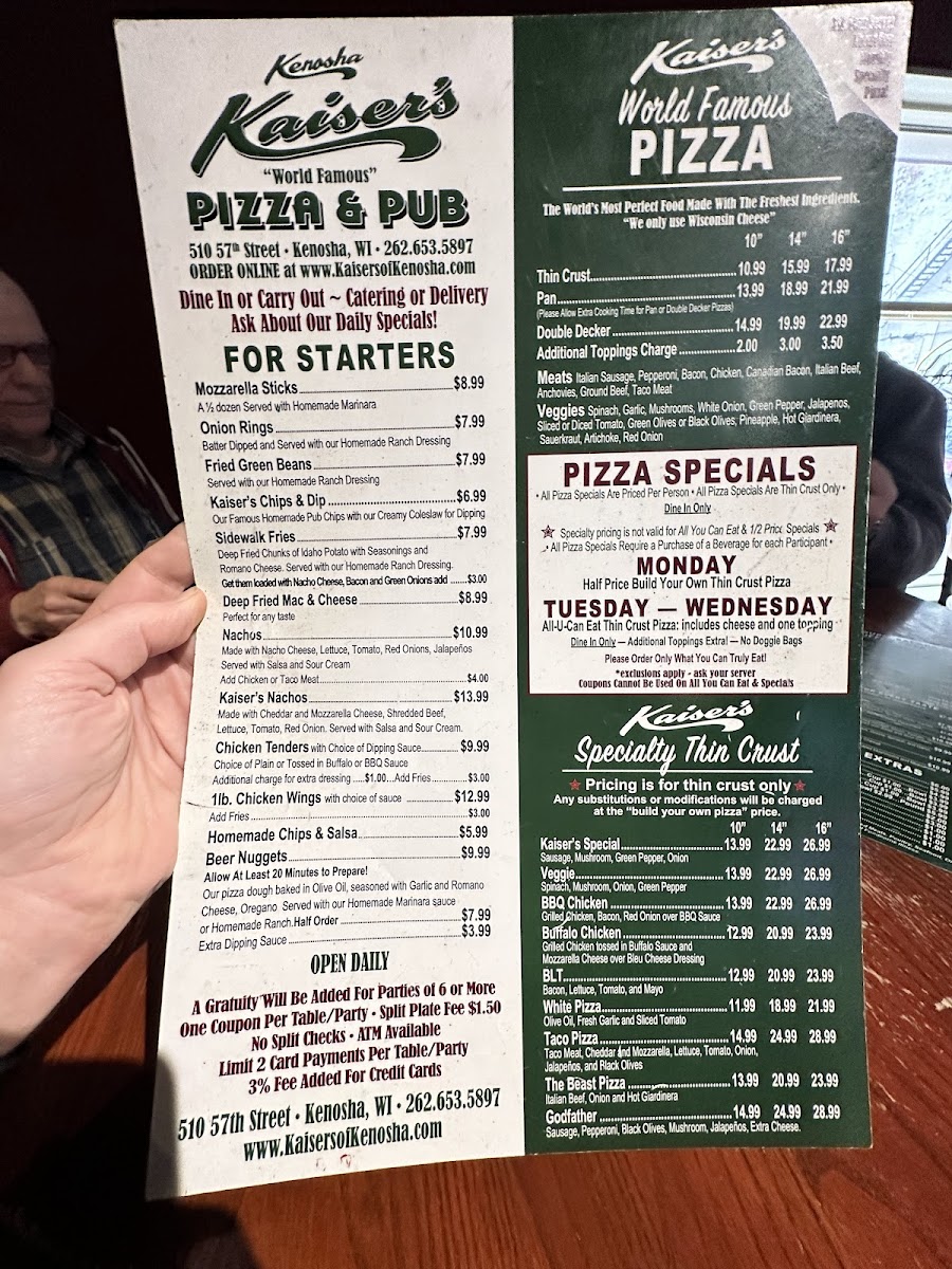 Menu Kaiser's Of Kenosha Pizza Restaurant & Pub-4
