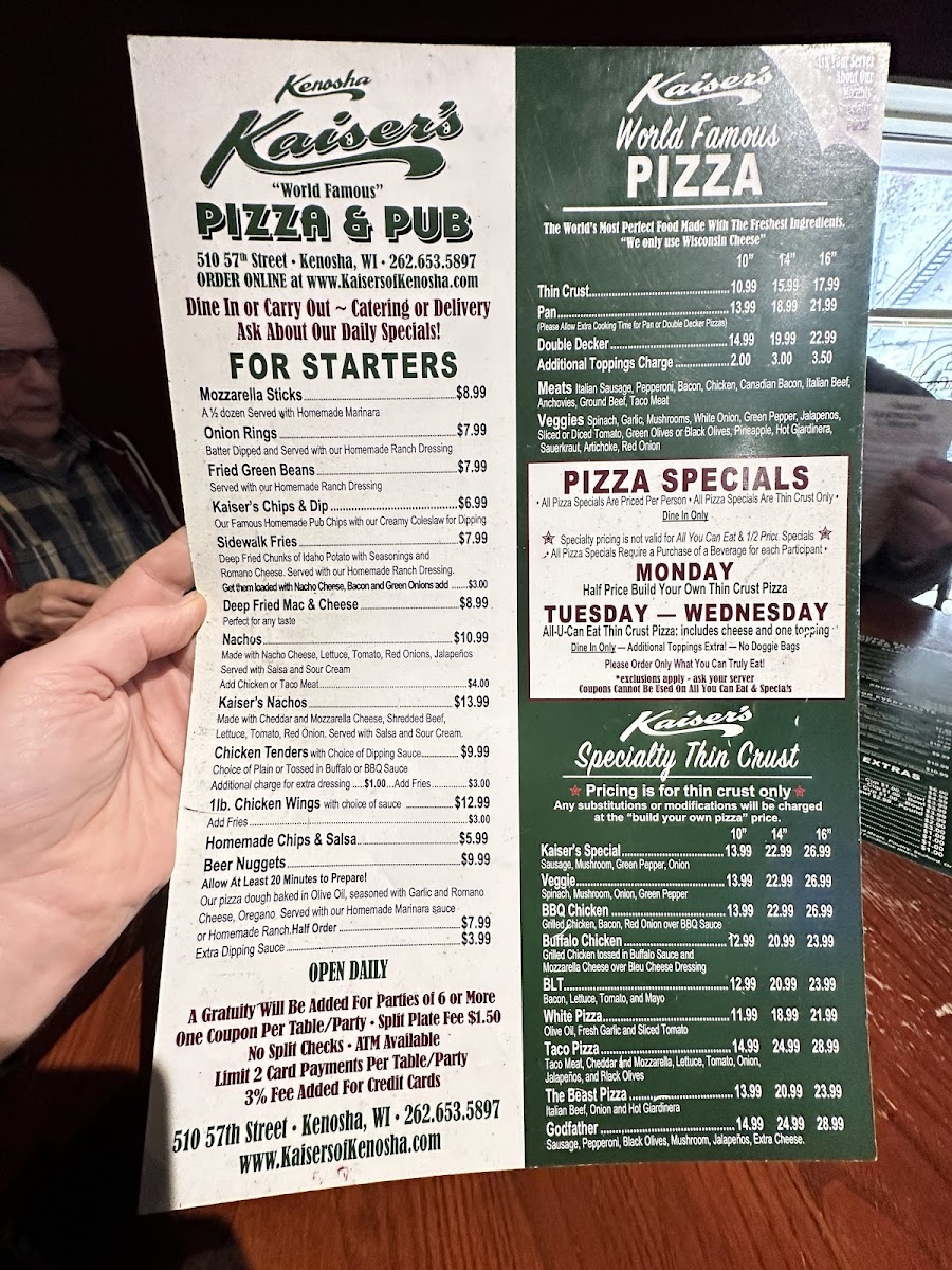 Menu Kaiser's Of Kenosha Pizza Restaurant & Pub-5