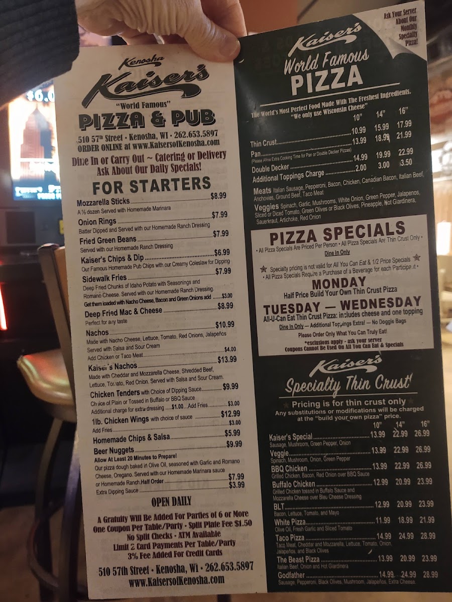Menu Kaiser's Of Kenosha Pizza Restaurant & Pub-9