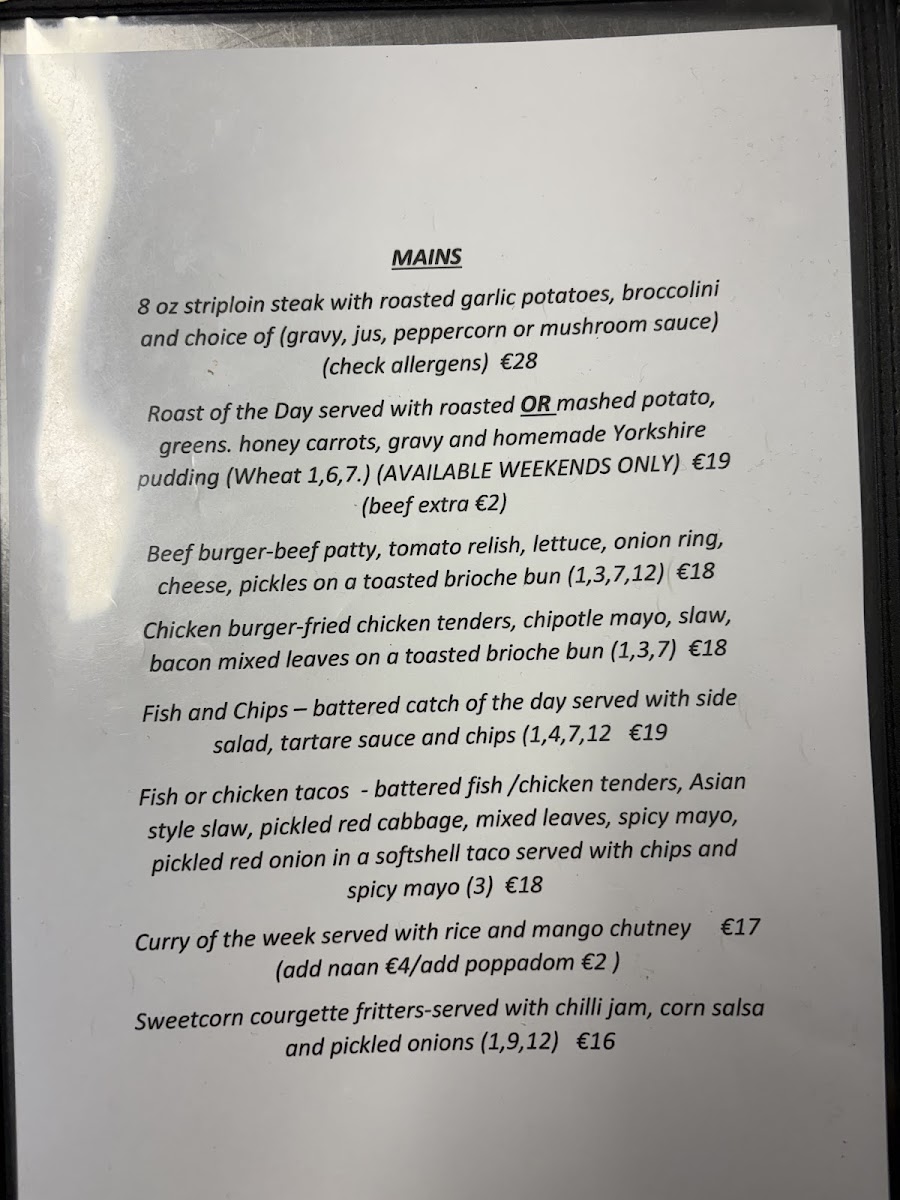Menu Kavanagh's Vartry House-1