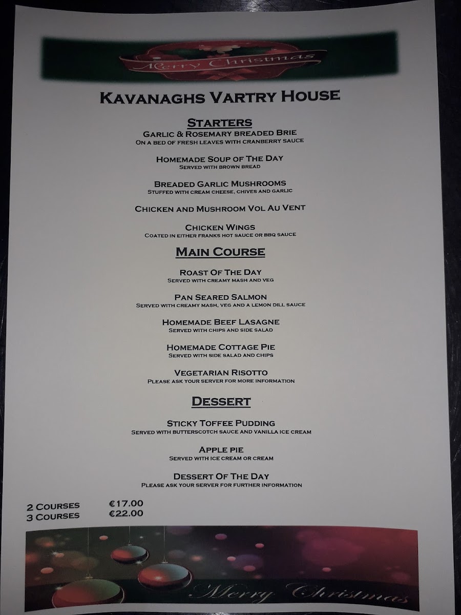 Menu Kavanagh's Vartry House-6