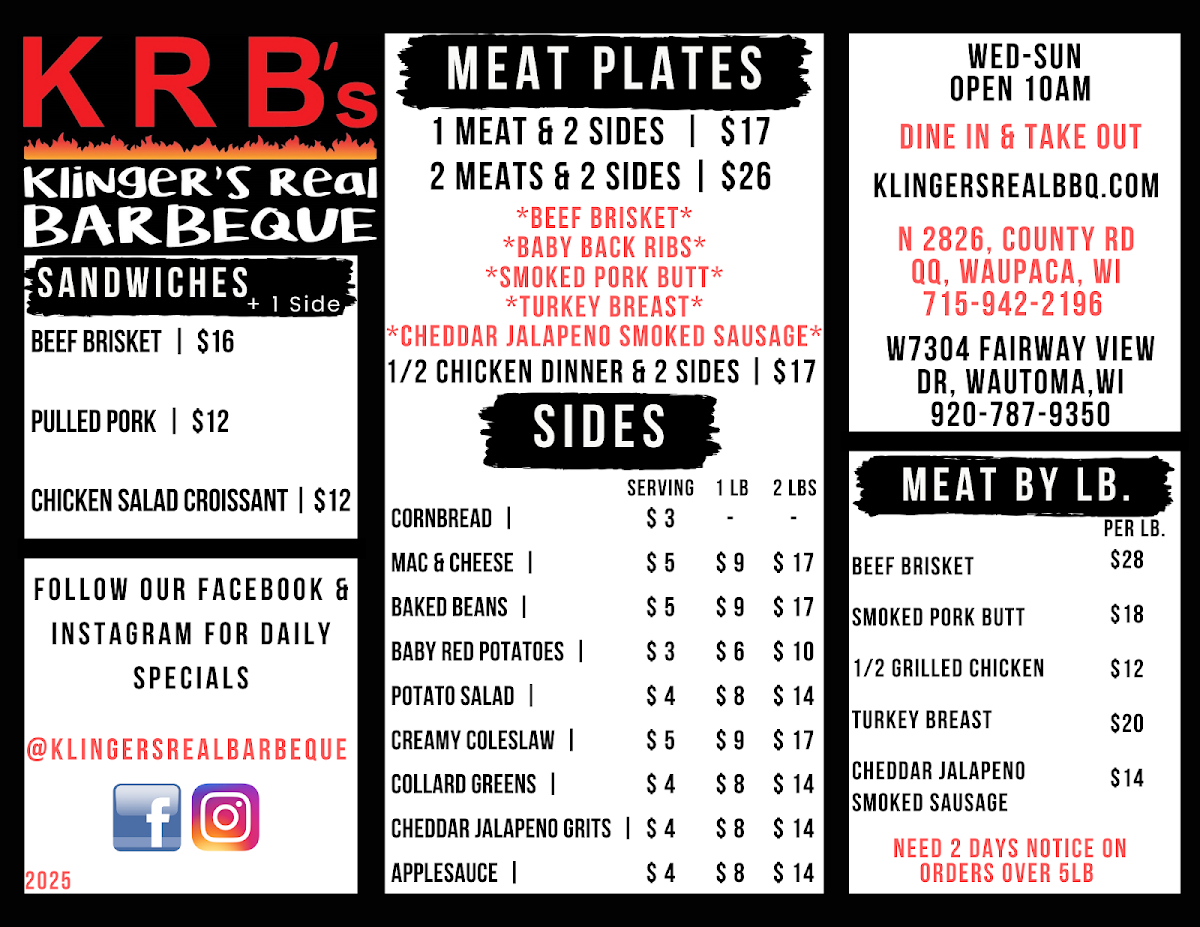 Menu Krb's Klingers Real Barbeque -Waupaca-1