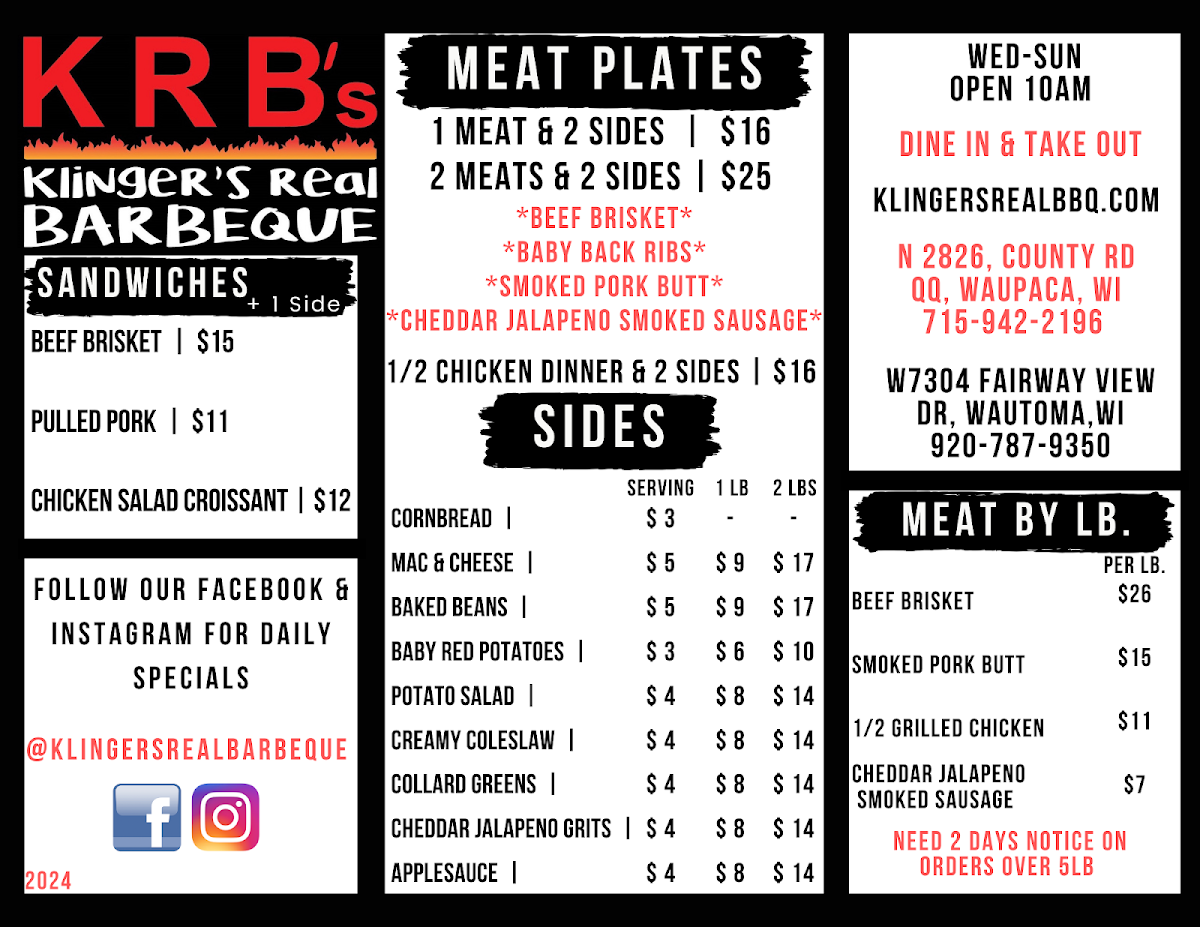 Menu Krb's Klingers Real Barbeque -Waupaca-2