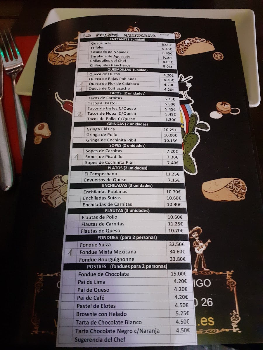 Menu La Fondue Mexicana Simon Bolívar 13-2
