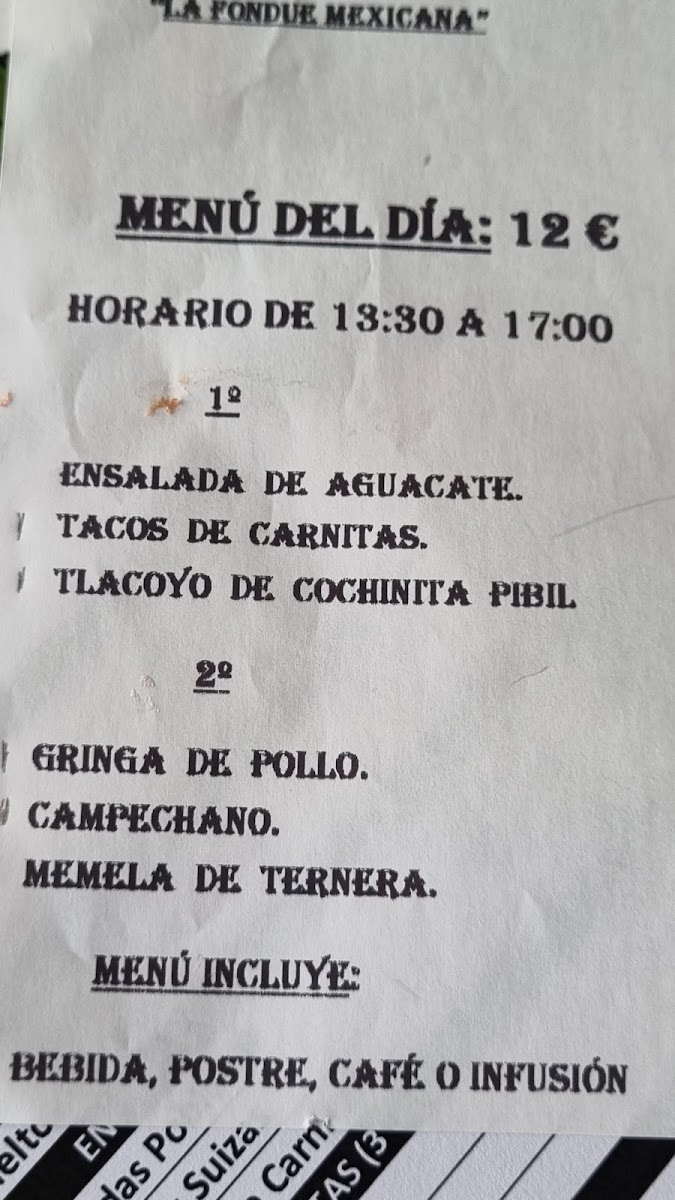 Menu La Fondue Mexicana Simon Bolívar 13-5